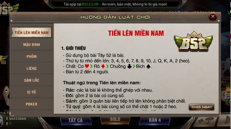 Thuật ngữ và luật chơi tiến lên miền Nam B52 CLUB